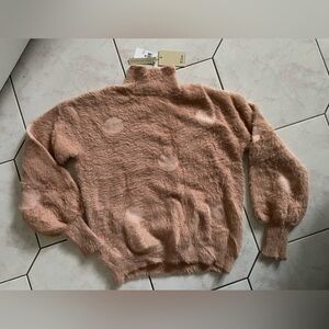 Polka Dot Fuzzy Turtle Neck Sweater in Soft Pink